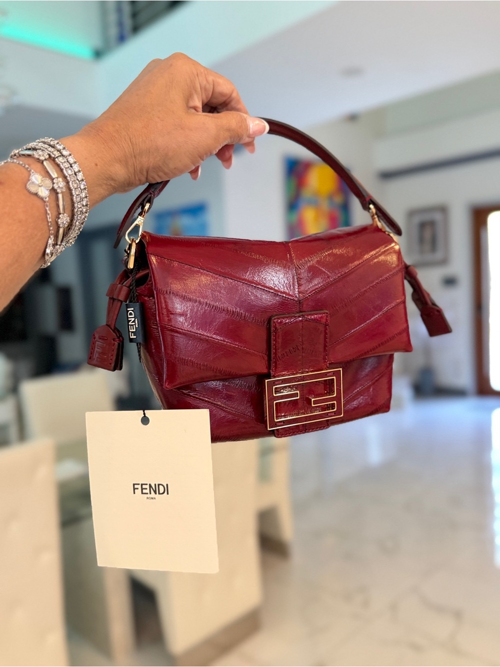 FENDI Baby Baguette Burgundy Eel and Leather Top-Handle Bag W/ Gold LogoBuckle